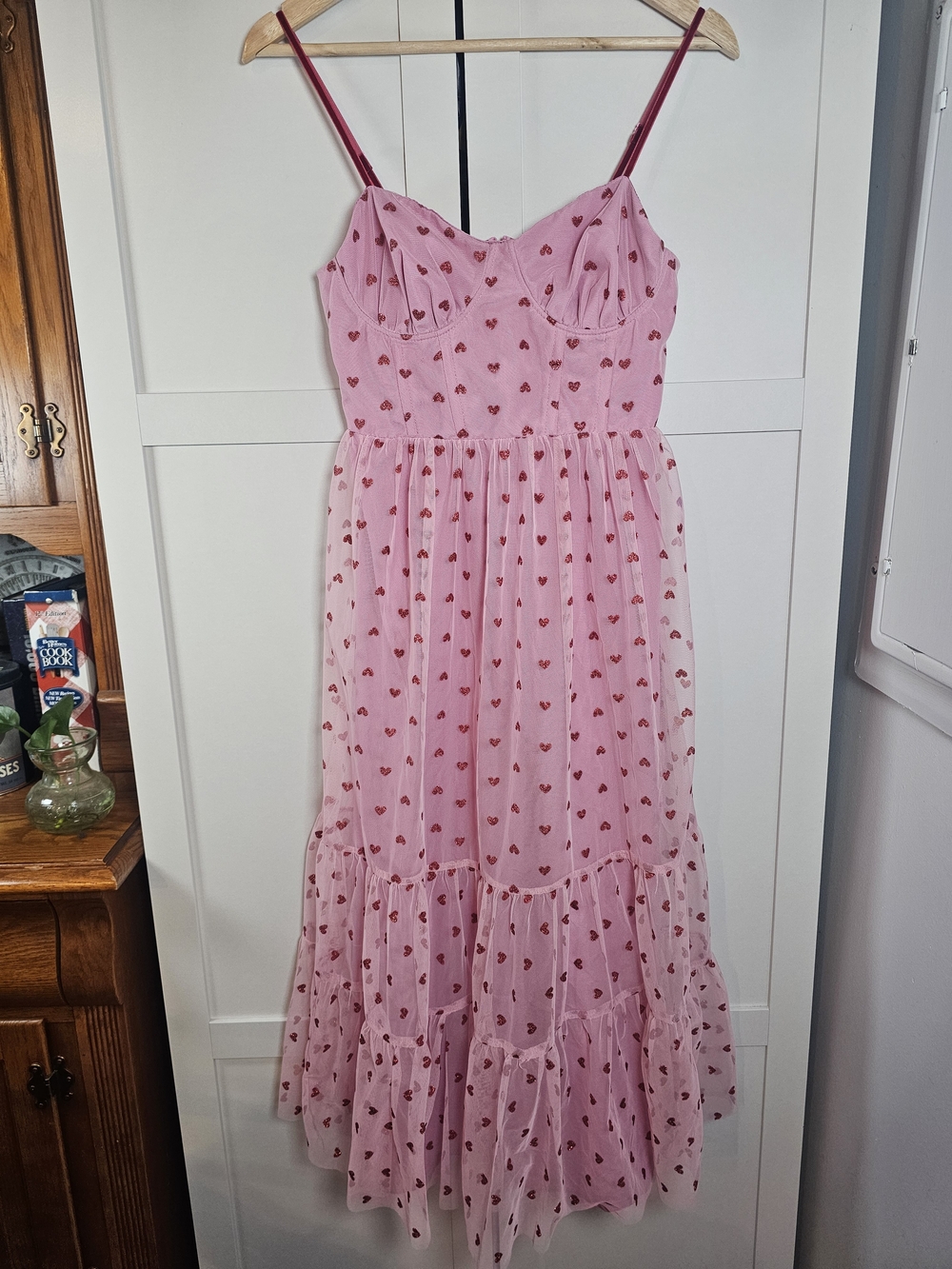 Betsey Johnson Pink Metallic Heart Mesh Midi Dress Tiered Sweetheart 6 Bustier